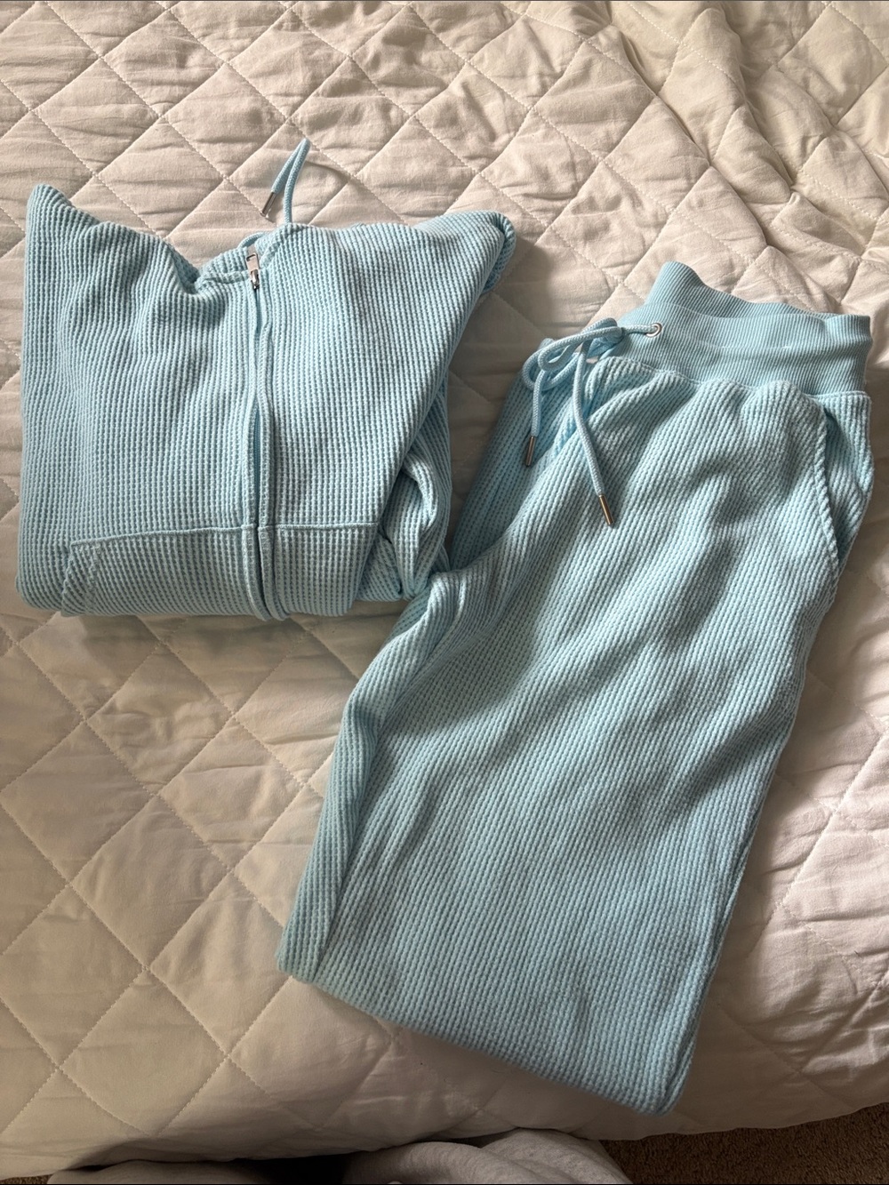 Light Blue Waffle Knit Hoodie & Jogger Set